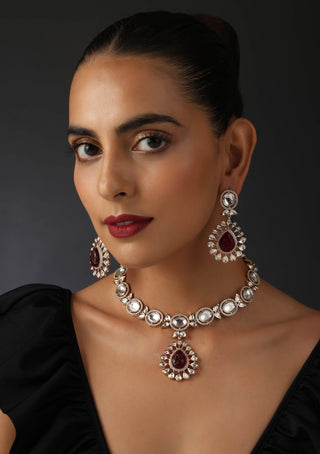 Swabhimann Jewellery-Red Gold Tone Polki Necklace And Earring Set-INDIASPOPUP.COM