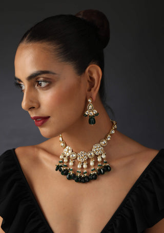 Swabhimann Jewellery-Green Gold Tone Necklace And Earring Set-INDIASPOPUP.COM