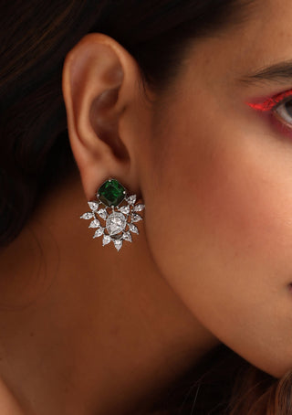 Swabhimann Jewellery-Green Silver Tone Zirconia Earrings-INDIASPOPUP.COM
