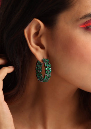 Swabhimann Jewellery-Green Grey Tone Zirconia Hoop Earrings-INDIASPOPUP.COM