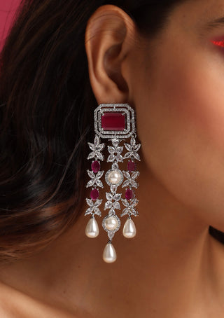 Swabhimann Jewellery-Red Silver Tone Dangler Earrings-INDIASPOPUP.COM