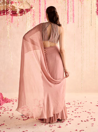 Champagne rose embellished blouse and predraped sari