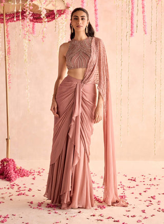 Champagne rose embellished blouse and predraped sari