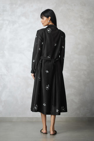 Black dottie jacket and gray dress