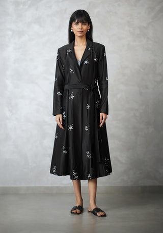 Black dottie jacket and gray dress