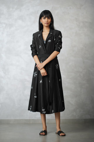 Black dottie jacket and gray dress