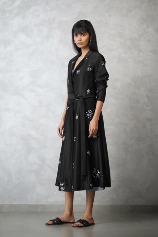 Black dottie jacket and gray dress