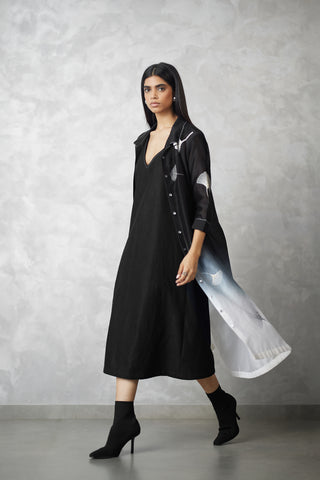 Black white ombre ginkgo jacket and denim dress