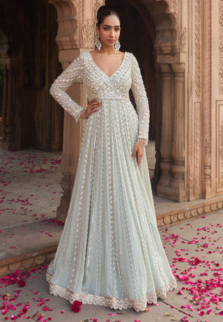 Sage Green Jashnaa Anarkali And Dupatta by Nidhika Shekhar available on Indiaspopup.com