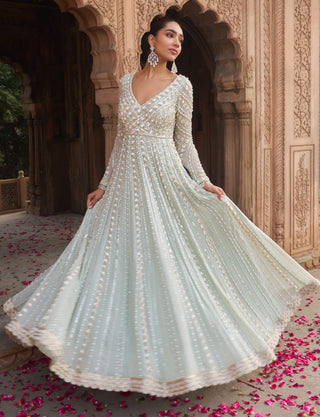 Sage Green Jashnaa Anarkali And Dupatta by Nidhika Shekhar available on Indiaspopup.com