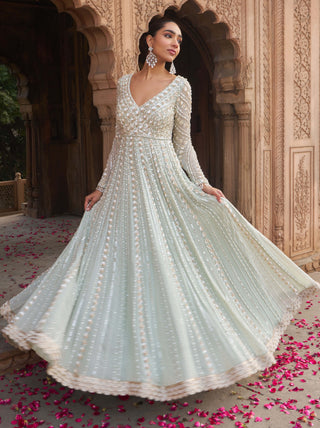 Sage Green Jashnaa Anarkali And Dupatta by Nidhika Shekhar available on Indiaspopup.com