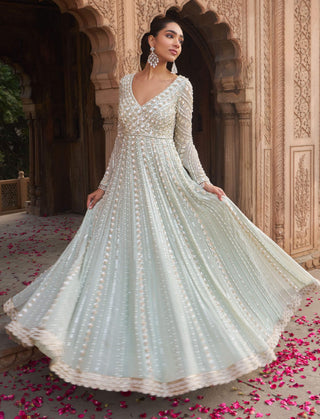 Sage Green Jashnaa Anarkali And Dupatta by Nidhika Shekhar available on Indiaspopup.com