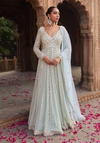 Sage Green Jashnaa Anarkali And Dupatta by Nidhika Shekhar available on Indiaspopup.com