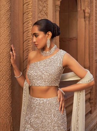 Silver Jilmil Jashnaa Lehenga Set by Nidhika Shekhar available on Indiaspopup.com