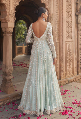 Sage Green Jashnaa Anarkali And Dupatta by Nidhika Shekhar available on Indiaspopup.com