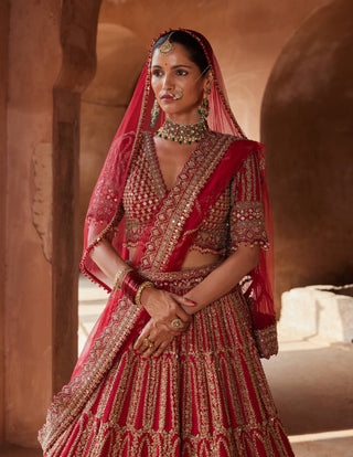 Nitika Gujral-Blood Red Zardozi Lehenga Set-INDIASPOPUP.COM