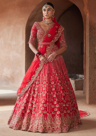 Nitika Gujral-Vermillon Red Raw Silk Lehenga Set-INDIASPOPUP.COM