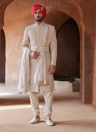 Nitika Gujral Men-Light Beige Raw Silk Embroidered Sherwani Set-INDIASPOPUP.COM