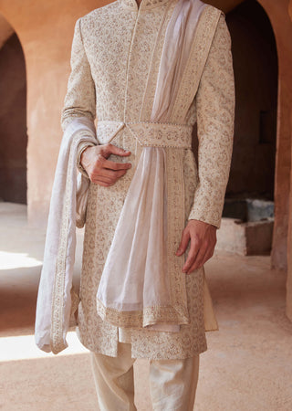 Nitika Gujral Men-Light Beige Raw Silk Embroidered Sherwani Set-INDIASPOPUP.COM