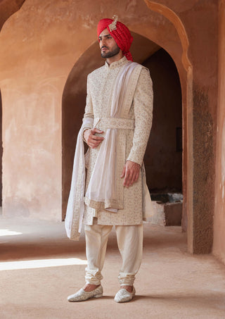 Nitika Gujral Men-Light Beige Raw Silk Embroidered Sherwani Set-INDIASPOPUP.COM