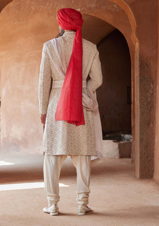 Nitika Gujral Men-Light Beige Raw Silk Embroidered Sherwani Set-INDIASPOPUP.COM