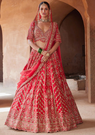 Nitika Gujral-Vibrant Red Raw Silk Lehenga Set-INDIASPOPUP.COM