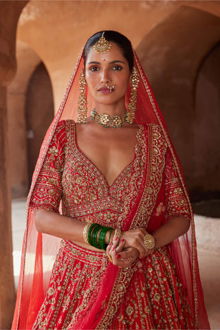 Nitika Gujral-Vibrant Red Raw Silk Lehenga Set-INDIASPOPUP.COM