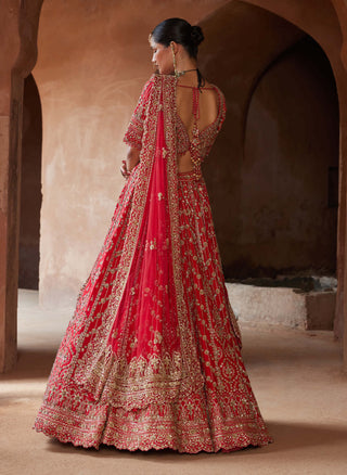 Nitika Gujral-Vibrant Red Raw Silk Lehenga Set-INDIASPOPUP.COM