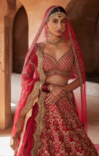 Nitika Gujral-Blood Red Lehenga Set-INDIASPOPUP.COM