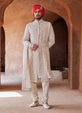 Nitika Gujral Men-Ivory Tafetta Sherwani Set-INDIASPOPUP.COM