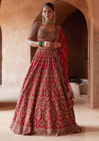 Nitika Gujral-Deep Red Raw Silk Lehenga Choli Set-INDIASPOPUP.COM