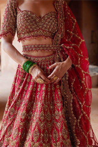 Nitika Gujral-Deep Red Raw Silk Lehenga Choli Set-INDIASPOPUP.COM