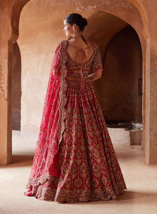Nitika Gujral-Deep Red Raw Silk Lehenga Choli Set-INDIASPOPUP.COM