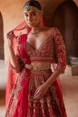 Nitika Gujral-Cardinal Red Raw Silk Lehenga Choli Set-INDIASPOPUP.COM