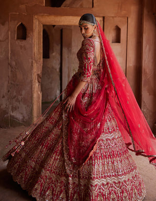 Nitika Gujral-Cardinal Red Raw Silk Lehenga Choli Set-INDIASPOPUP.COM