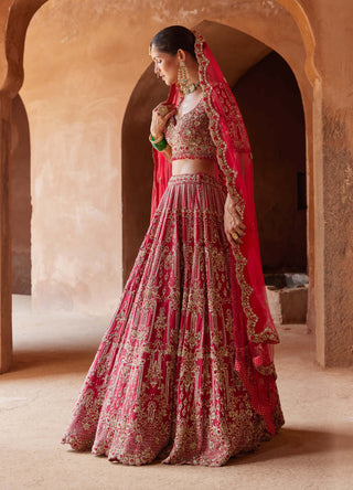 Nitika Gujral-Blood Red Raw Silk Lehenga Choli Set-INDIASPOPUP.COM