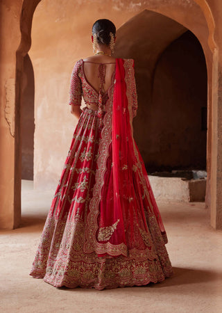 Nitika Gujral-Scarlet Red Raw Silk Lehenga Choli Set-INDIASPOPUP.COM