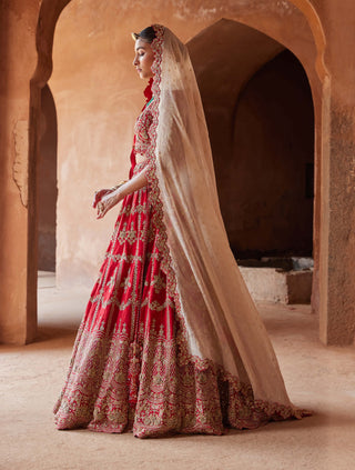 Nitika Gujral-Scarlet Red Raw Silk Lehenga Choli Set-INDIASPOPUP.COM