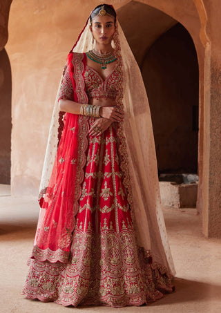 Nitika Gujral-Scarlet Red Raw Silk Lehenga Choli Set-INDIASPOPUP.COM