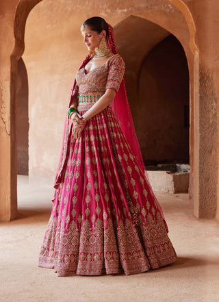 Nitika Gujral-Fuschia Red Raw Silk Lehenga Choli Set-INDIASPOPUP.COM