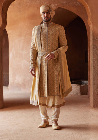 Nitika Gujral Men-Gold Raw Silk Embroidered Sherwani Set-INDIASPOPUP.COM