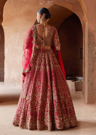 Nitika Gujral-Blood Red Raw Silk Lehenga Choli Set-INDIASPOPUP.COM