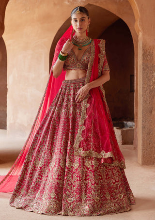 Nitika Gujral-Blood Red Raw Silk Lehenga Choli Set-INDIASPOPUP.COM