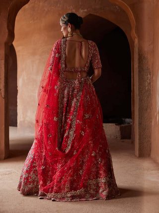 Nitika Gujral-Crimson Red Raw Silk Lehenga Choli Set-INDIASPOPUP.COM