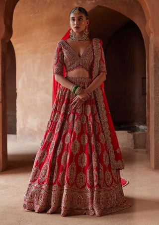 Nitika Gujral-Scarlet Red Raw Silk Lehenga Choli Set-INDIASPOPUP.COM