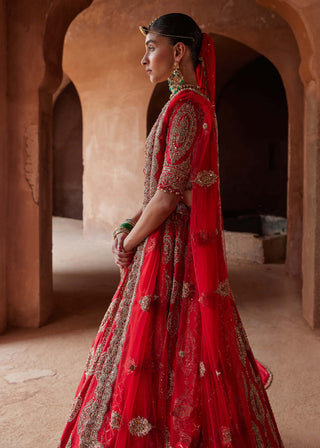 Nitika Gujral-Scarlet Red Raw Silk Lehenga Choli Set-INDIASPOPUP.COM