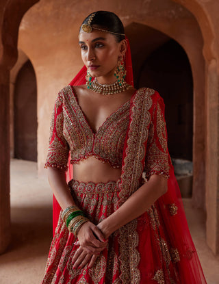Nitika Gujral-Scarlet Red Raw Silk Lehenga Choli Set-INDIASPOPUP.COM