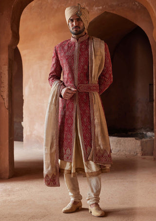 Nitika Gujral Men-Red Matka Silk Embroidered Sherwani Set-INDIASPOPUP.COM