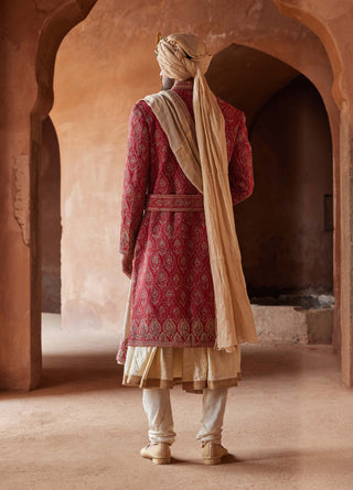 Nitika Gujral Men-Red Matka Silk Embroidered Sherwani Set-INDIASPOPUP.COM