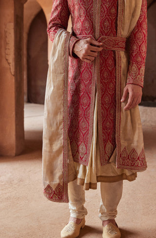 Nitika Gujral Men-Red Matka Silk Embroidered Sherwani Set-INDIASPOPUP.COM